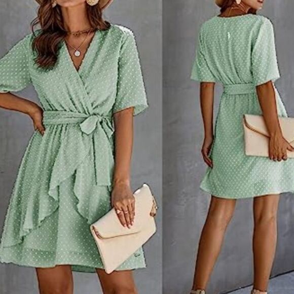 Ecowish v-neck swiss dots ruffle chiffon short sleeve fully lined dress size L - Picture 3 of 8